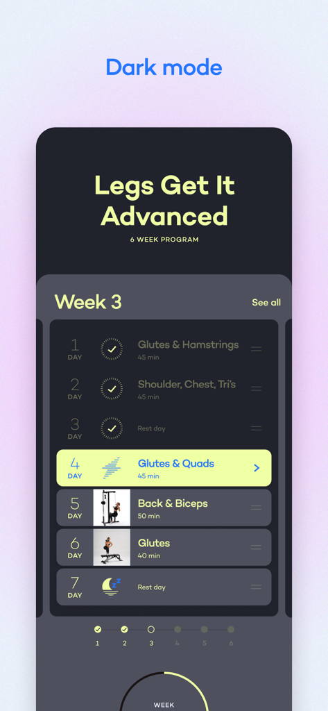 Alive by Whitney Simmons app screenshot showing the Legs Get It Advanced workout program in dark mode.