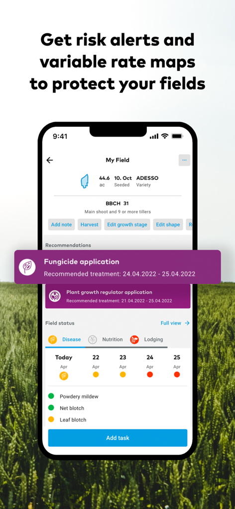 Smartphone zeigt die xarvio Field Manager App mit Warnungen vor Pflanzenkrankheitsrisiken und Empfehlungen zur Fungizidanwendung