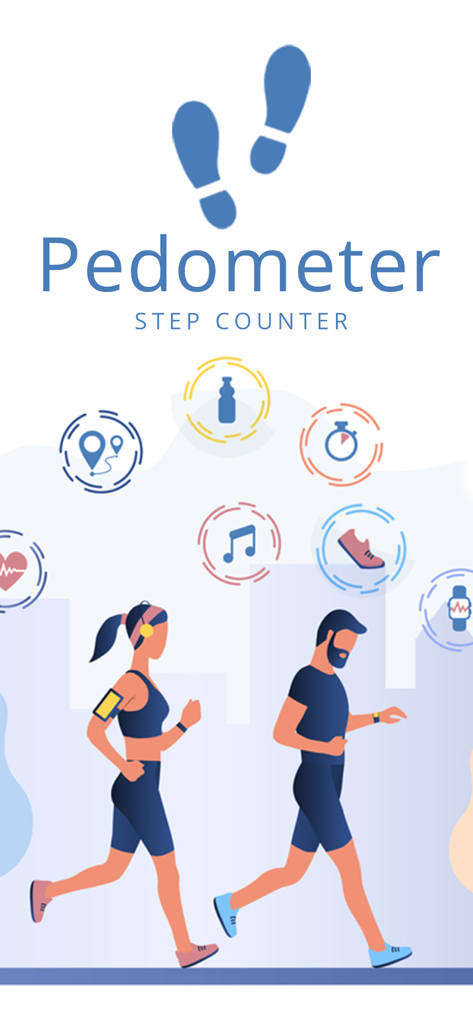 Illustration of a man and woman walking with various health icons and the Pedometer Step Counter app title