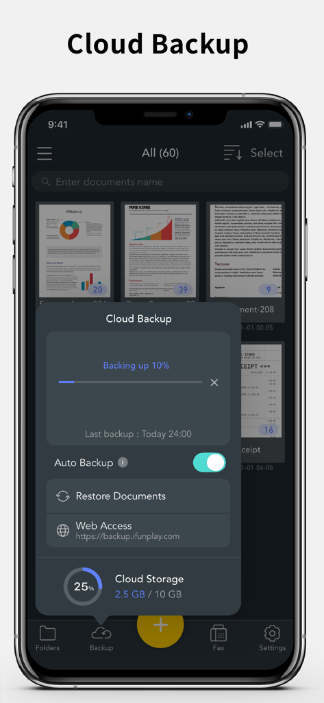 Cloud-Backup-Oberfläche in der Scanner App, die den Fortschritt der Dokumentensicherung und die Speicherkapazität anzeigt.