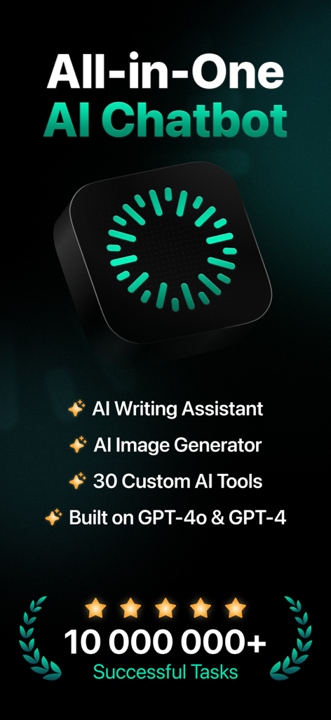 Interfaz de la aplicación Ask Assist destacando funciones como el asistente de escritura de IA, generador de imágenes y la integración de GPT-4.