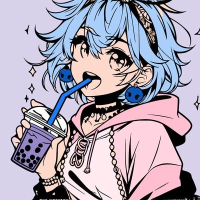 hot baddie anime girl drinking boba and biting the straw
