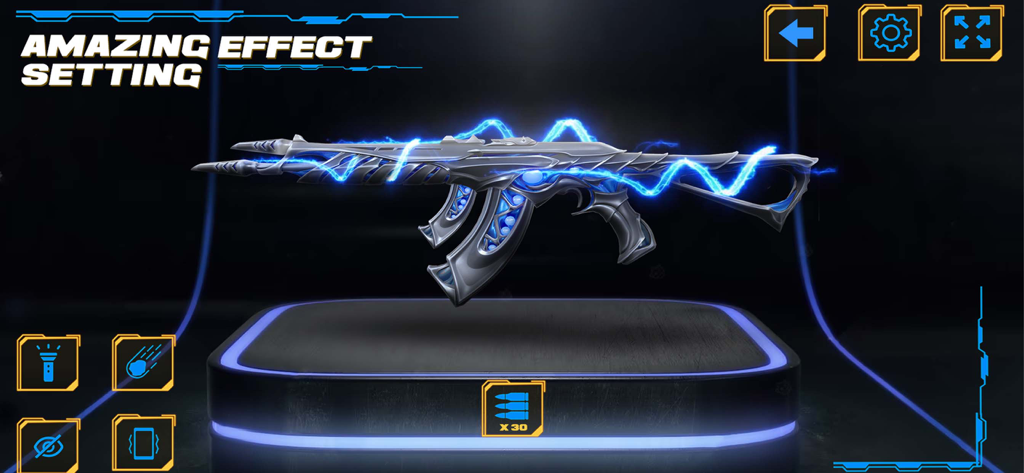 Un arma futurista con efectos eléctricos azules en el menú de configuración de efectos asombrosos de una app de simulador de armas
