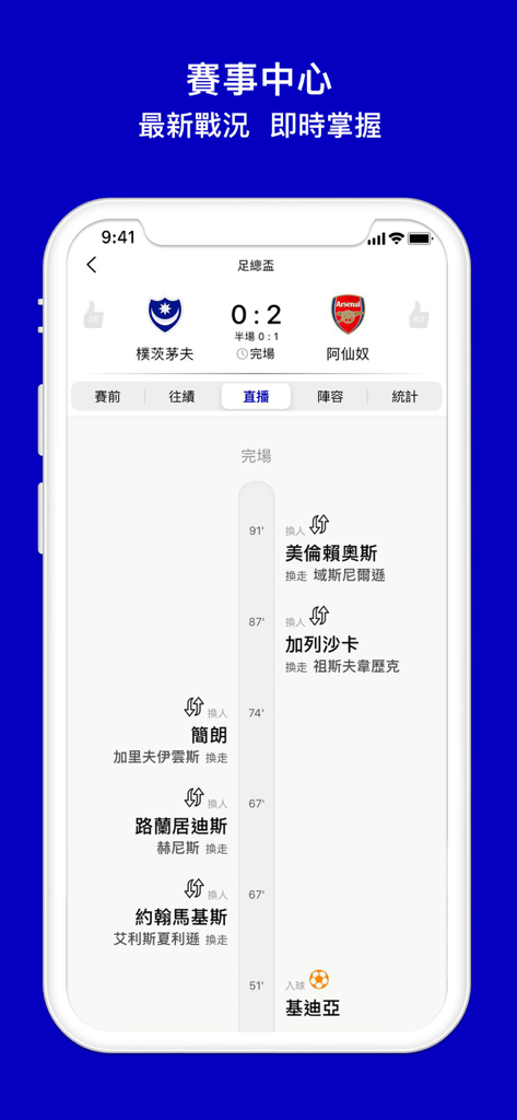 Now 體育 - A mobile app screenshot of the Now Sports match center showing a live football game timeline with scores and player substitutions.