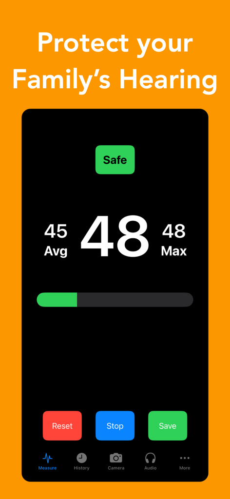 Decibel Shieldアプリのインターフェース。安全ステータスインジケーター付きで、リアルタイムの騒音レベル48デシベルを表示しています。