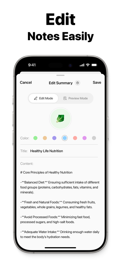 Note AI: Smart Note Taker - Screenshot of the Edit Summary screen in the Note AI app showing formatted notes about healthy nutrition principles.