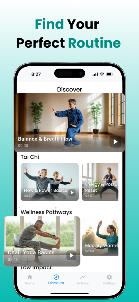 Tai Chi Walking : GentleFit - Discover screen of the GentleFit app showing senior friendly tai chi and chair yoga routines