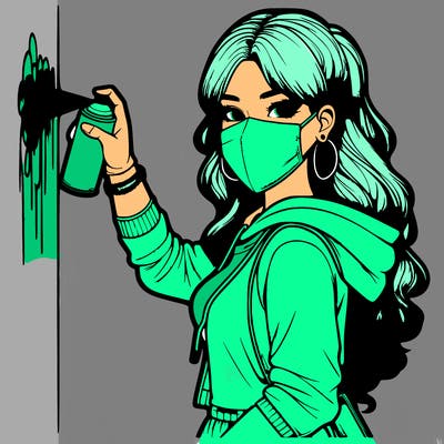 realistic girl with mask spray painting a wall