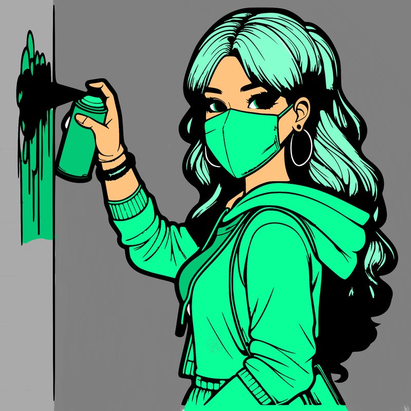 realistic girl with mask spray painting a wall