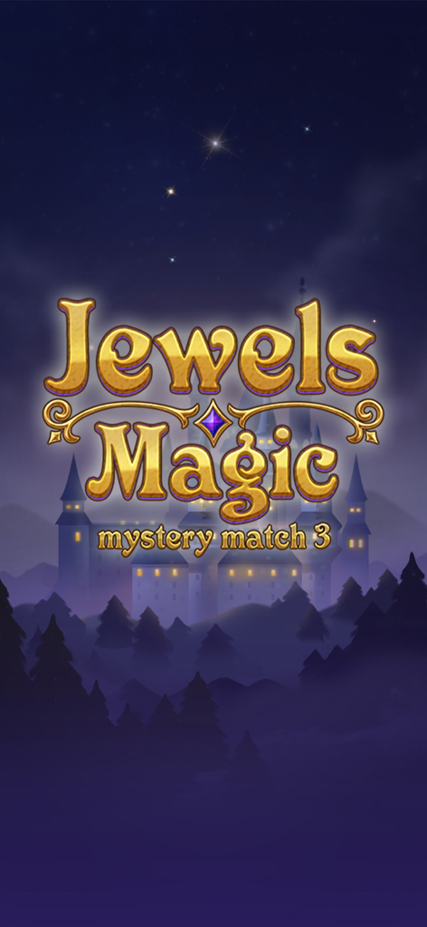 Jewels Magic Mystery Match 3 game title logo displayed over a mysterious glowing castle at night