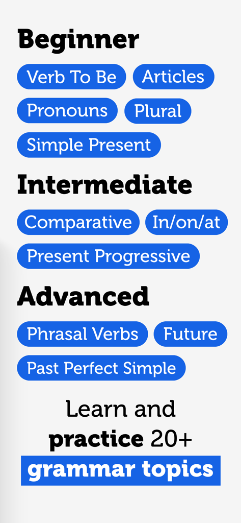 A list of English grammar topics categorized into beginner, intermediate, and advanced levels within the Grammo app.