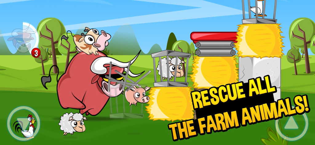 Run Cow Run - A cartoon bull running through a meadow and freeing sheep and pigs from cages