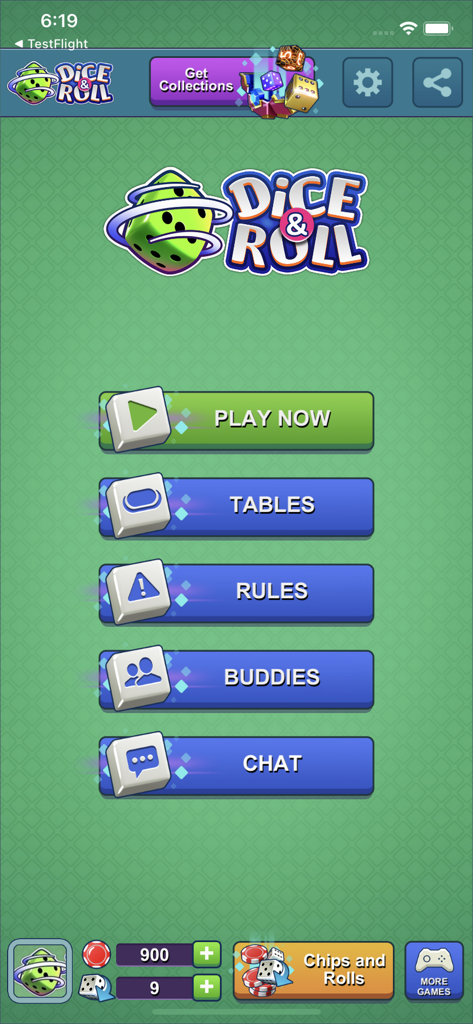 Dice-n-Roll online Yatzy - Main menu screen of Dice-n-Roll online Yatzy app with navigation buttons for play tables and rules