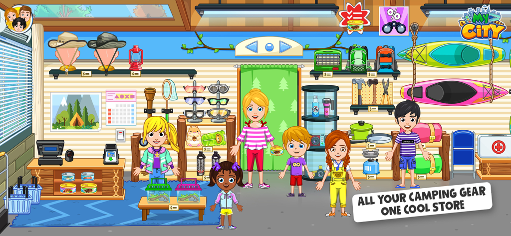 My City:Wildlife fun Adventure - Personaggi dei cartoni animati all'interno di un negozio di attrezzature da campeggio con kayak e attrezzature per esterni