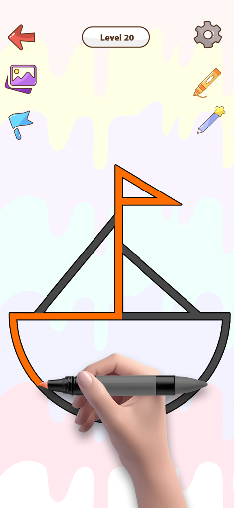 One Line Drawing:Draw It Games - Captura de pantalla de un juego de puzzle de dibujo de una sola línea con un velero