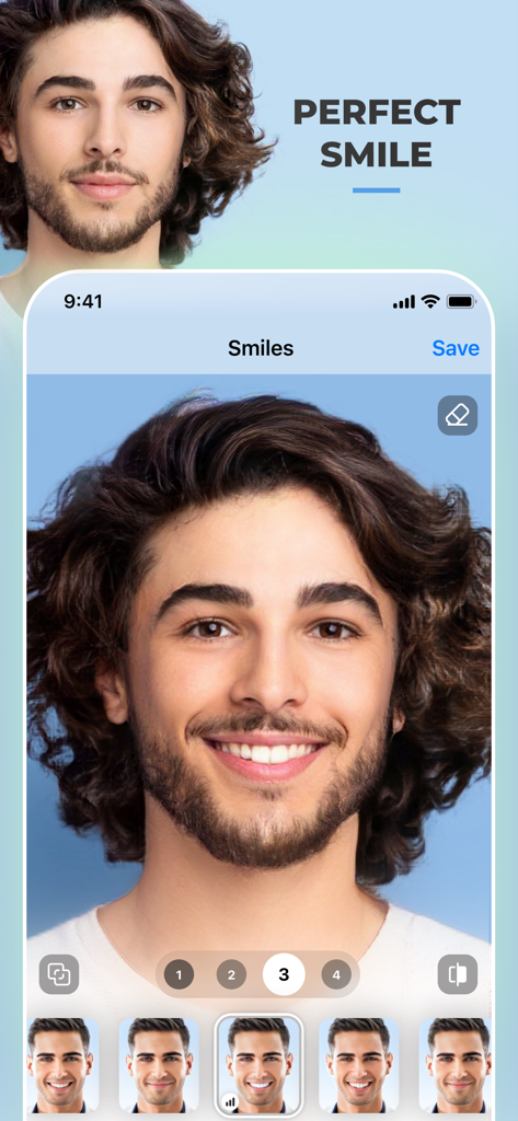 FaceApp mobile interface showing a man using the perfect smile filter