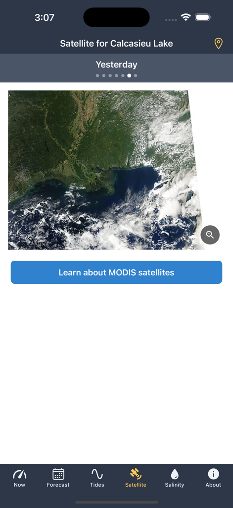 Salty Solutions - Satellite imagery of Calcasieu Lake shown in the Salty Solutions fishing app interface
