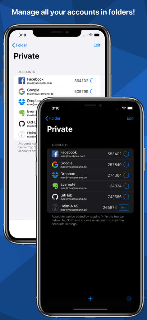 OTP Auth - OTP Auth app interface showing 2FA account codes organized into folders with light and dark mode options