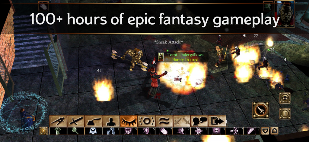 In-game combat scene from Neverwinter Nights on iOS showing characters in battle with a text overlay highlighting over 100 hours of gameplay.
