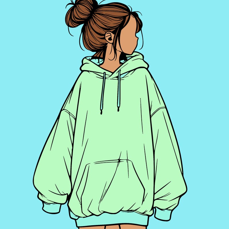 realistic girl with a oversized sweatshirt on and a bun