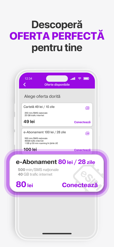 my moldcell - A screenshot of the my moldcell app showing various available mobile subscription plans and offers in Romanian.