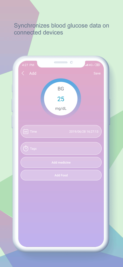 A smartphone screen showing the VivaGuard app interface for adding a blood glucose reading with fields for medicine and food.