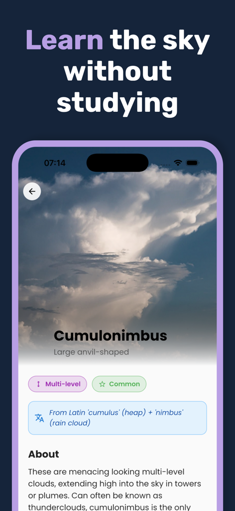 Cloud Point: Cloud Identifier - Mobile app screen showing a cumulonimbus cloud with educational details and scientific origin
