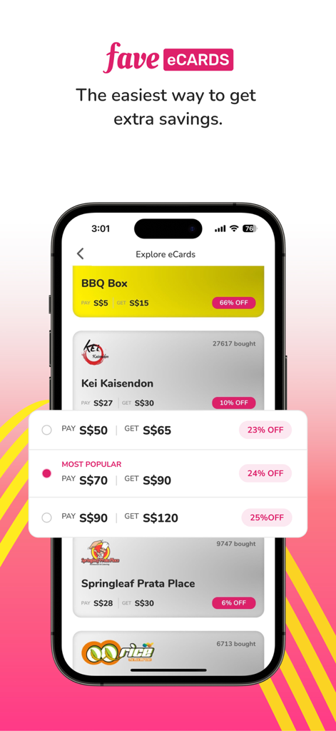 Fave app screen showing digital eCards for local merchants with savings of up to 66 percent