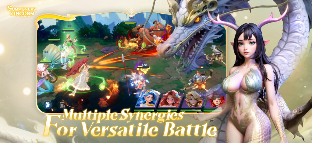 Summoners Kingdom:Goddess - 3D battle scene in Summoners Kingdom Goddess showing hero synergies and a dragon