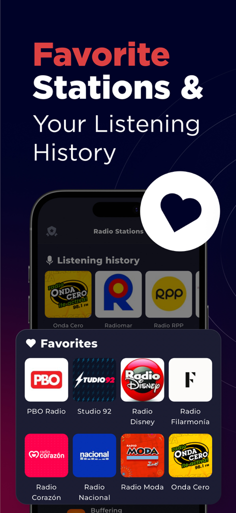 Radio Peru - Live FM & AM - Mobile app interface of Radio Peru showing favorite radio stations and listening history