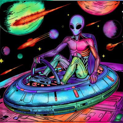 realistic human in a alien spaceship outer space