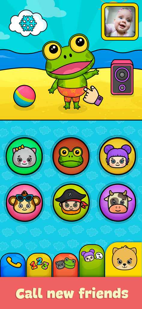 만화 동물 캐릭터와 유아가 통화할 수 있는 영상 통화 기능이 표시된 베이비 폰 앱 인터페이스