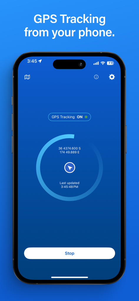 PredictWind Tracker - PredictWind Tracker mobile app interface showing active GPS tracking with real-time coordinates and last update time