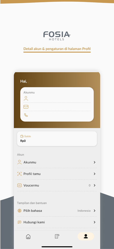 Fosia Hotels - Account profile and settings screen of the Fosia Hotels mobile application.