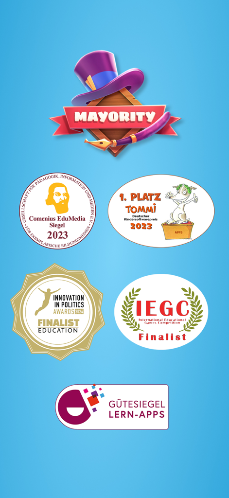 Mayority - Mayority app logo and several educational and children software award seals including Comenius and TOMMI