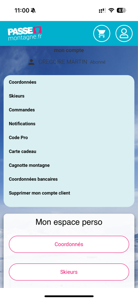 PASSE MONTAGNE - Tableau de bord du compte utilisateur et du profil dans l'application mobile Passe Montagne montrant les options de gestion pour les skieurs et les commandes.