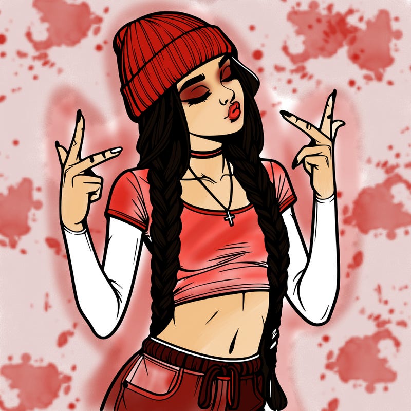 realistic teenage girl with braids and a beanie and crop top doing 🫶🏼