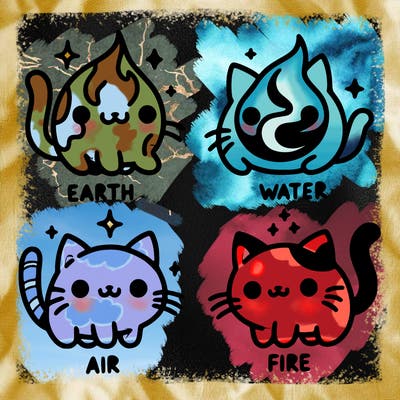 4 cats that represent the different elements, earth, water, air, and fire