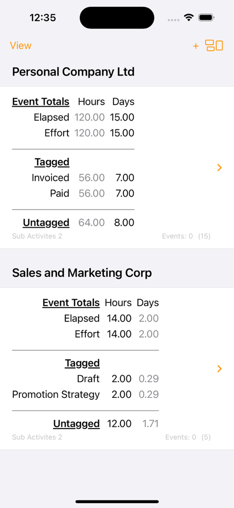 Time Logger - Dashboard view of Time Logger showing hours and days tracked for different business activities and their payment status tags