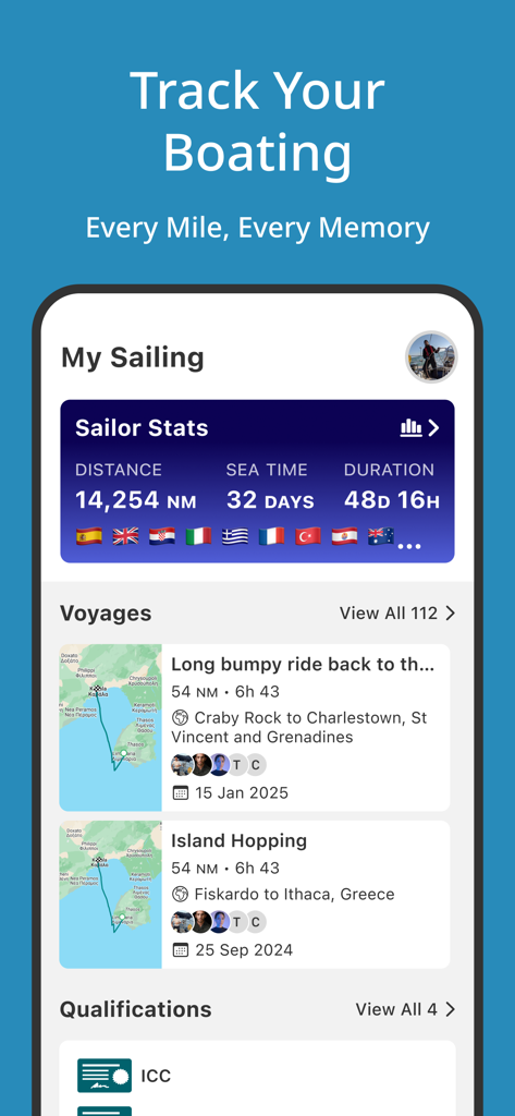 SailTies: Logbook GPS Tracking - A mobile screen for SailTies showing a digital logbook with sailor statistics, voyage maps, and qualifications.