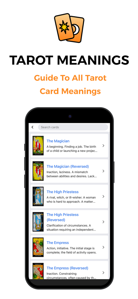 Mystic Tarot Reading & Cards - Mystic Tarotアプリのタロットカードの意味のリストを表示するスマートフォン画面