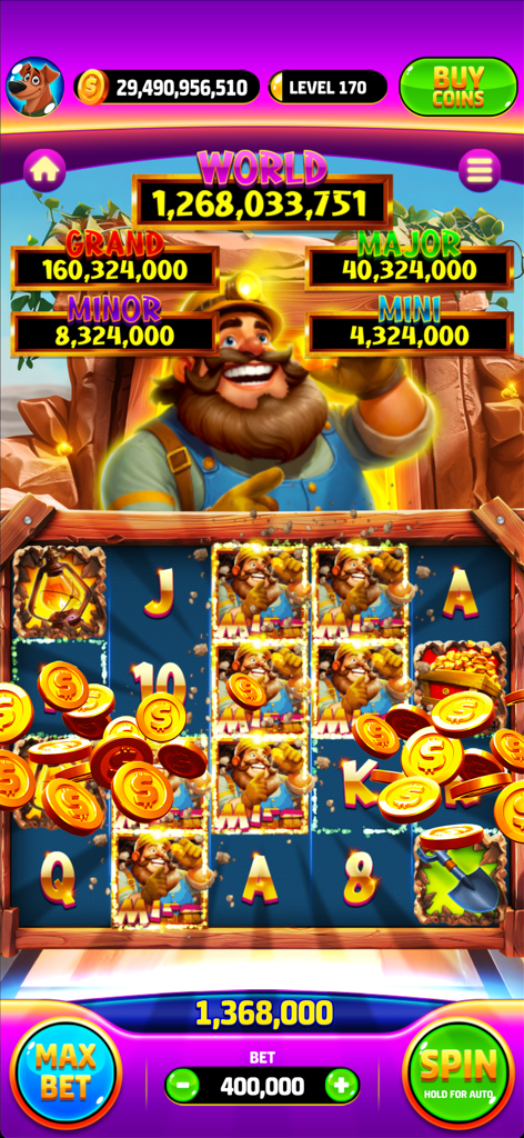 Slots World - Vegas Casino - A mining-themed slot machine in Slots World featuring a bearded miner character and gold coins flying across the screen with various jackpot levels shown.