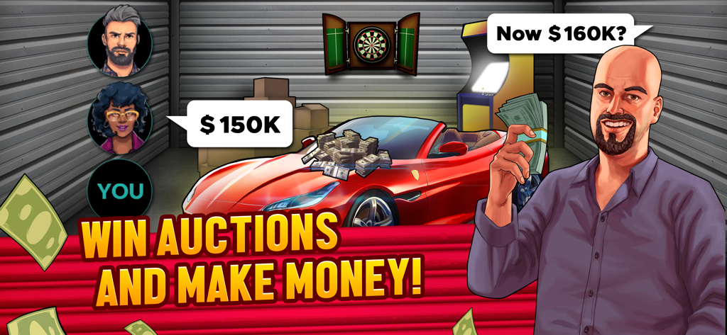 A man holding cash next to a luxury car in a storage auction