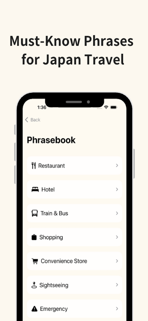 Pantalla del libro de frases de la aplicación Travel Japan Buddy mostrando categorías para restaurantes, hoteles y transporte