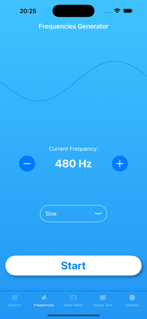 Speaker Fix app frequency generator interface showing a 480 Hz sine wave setting with start button