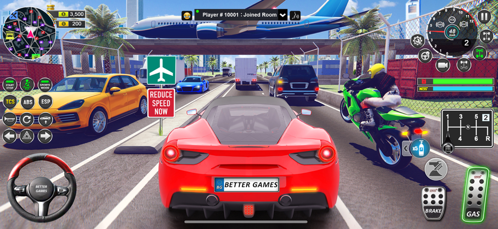 A red sports car and a motorcycle on a highway with a plane overhead in Car Driving Simulator Games.
