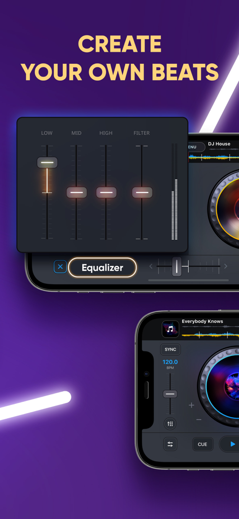 DJ it app interface showing the equalizer settings and virtual turntable for mixing music