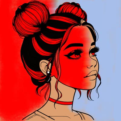 realistic girl with buns on the top of her head