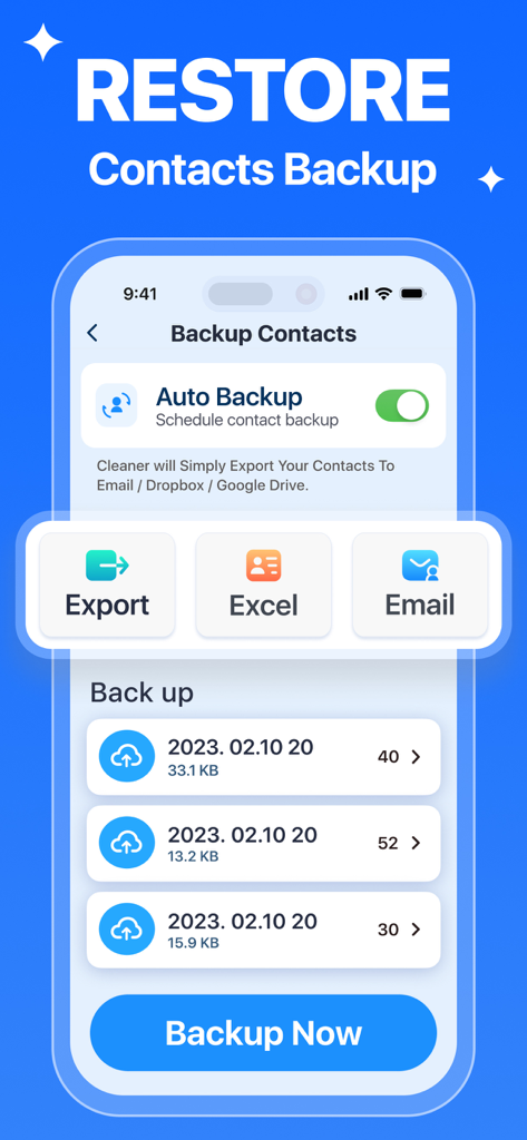 Interfaz para hacer copias de seguridad y restaurar contactos del teléfono con opciones de exportación a correo electrónico y Excel.