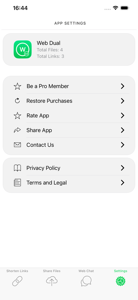 Settings menu of the Web Dual app showing options for pro membership account statistics and legal information